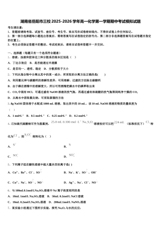 湖南省岳阳市三校2025-2026学年高一化学第一学期期中考试模拟试题含解析