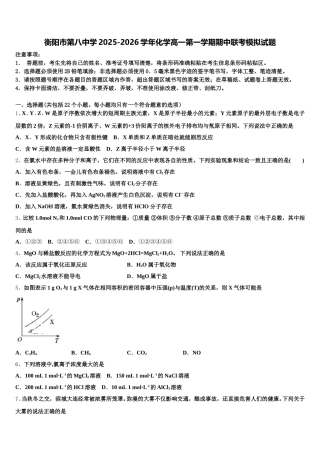 衡阳市第八中学2025-2026学年化学高一第一学期期中联考模拟试题含解析