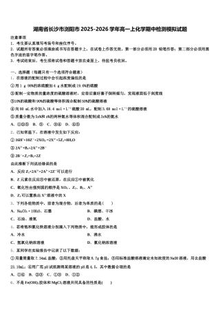 湖南省长沙市浏阳市2025-2026学年高一上化学期中检测模拟试题含解析