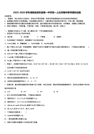 2025-2026学年湖南省邵东县第一中学高一上化学期中联考模拟试题含解析