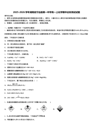 2025-2026学年湖南省宁远县第一中学高一上化学期中达标测试试题含解析