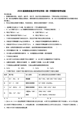 2026届湖南省重点中学化学高一第一学期期中联考试题含解析