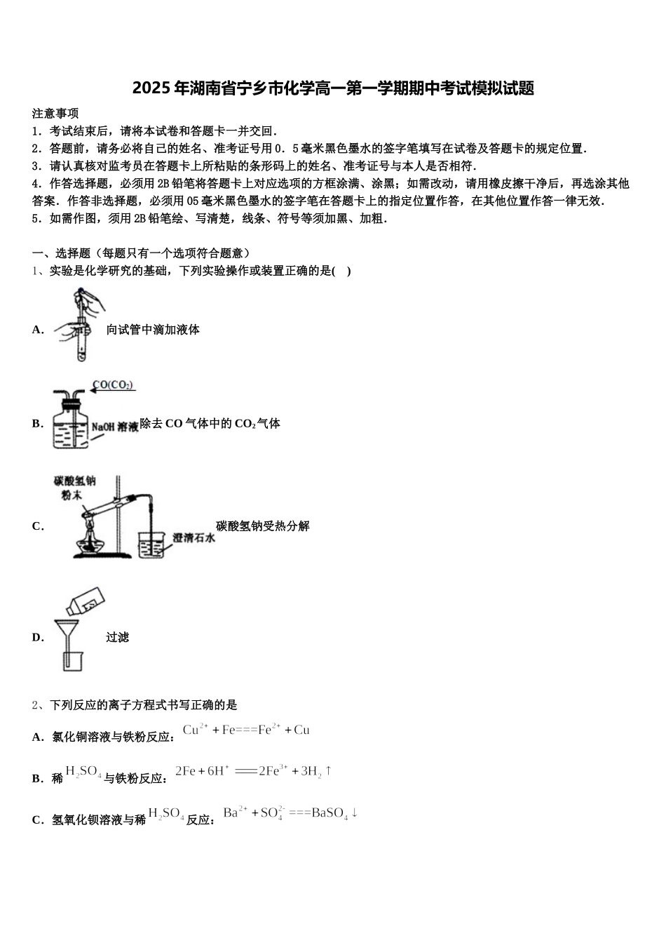 2025年湖南省宁乡市化学高一第一学期期中考试模拟试题含解析_第1页