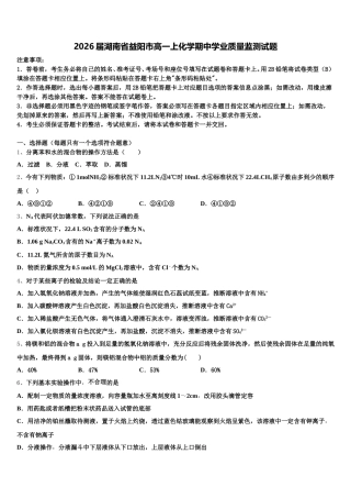 2026届湖南省益阳市高一上化学期中学业质量监测试题含解析