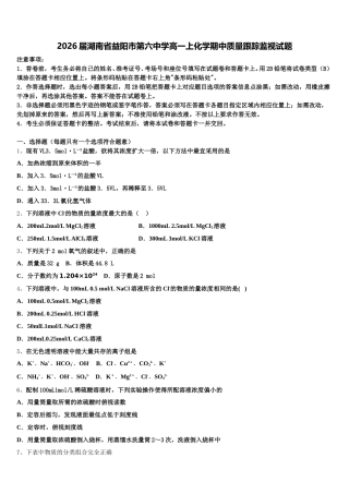 2026届湖南省益阳市第六中学高一上化学期中质量跟踪监视试题含解析