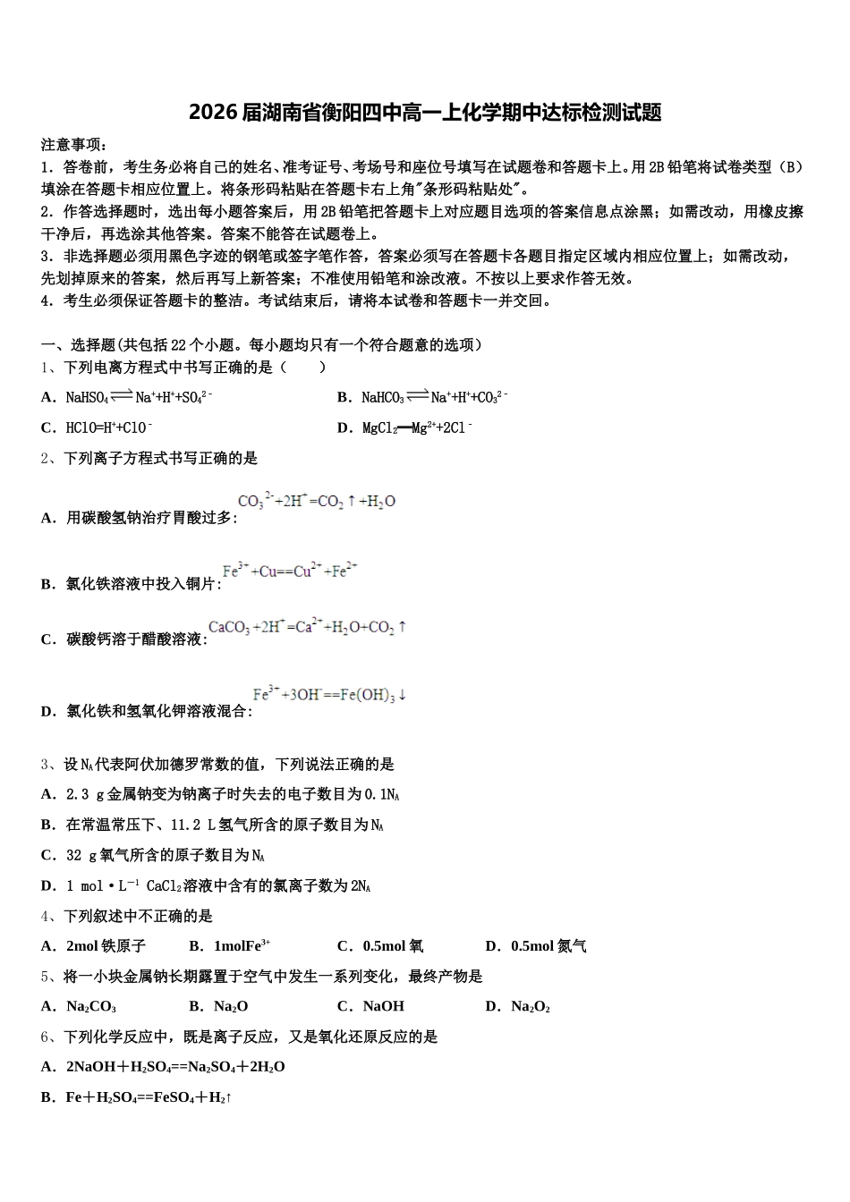 2026届湖南省衡阳四中高一上化学期中达标检测试题含解析_第1页