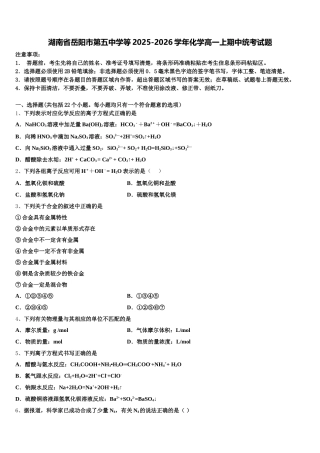 湖南省岳阳市第五中学等2025-2026学年化学高一上期中统考试题含解析