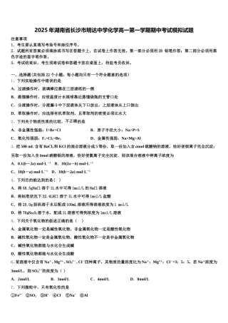 2025年湖南省长沙市明达中学化学高一第一学期期中考试模拟试题含解析