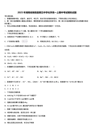 2025年湖南省衡阳县第五中学化学高一上期中考试模拟试题含解析