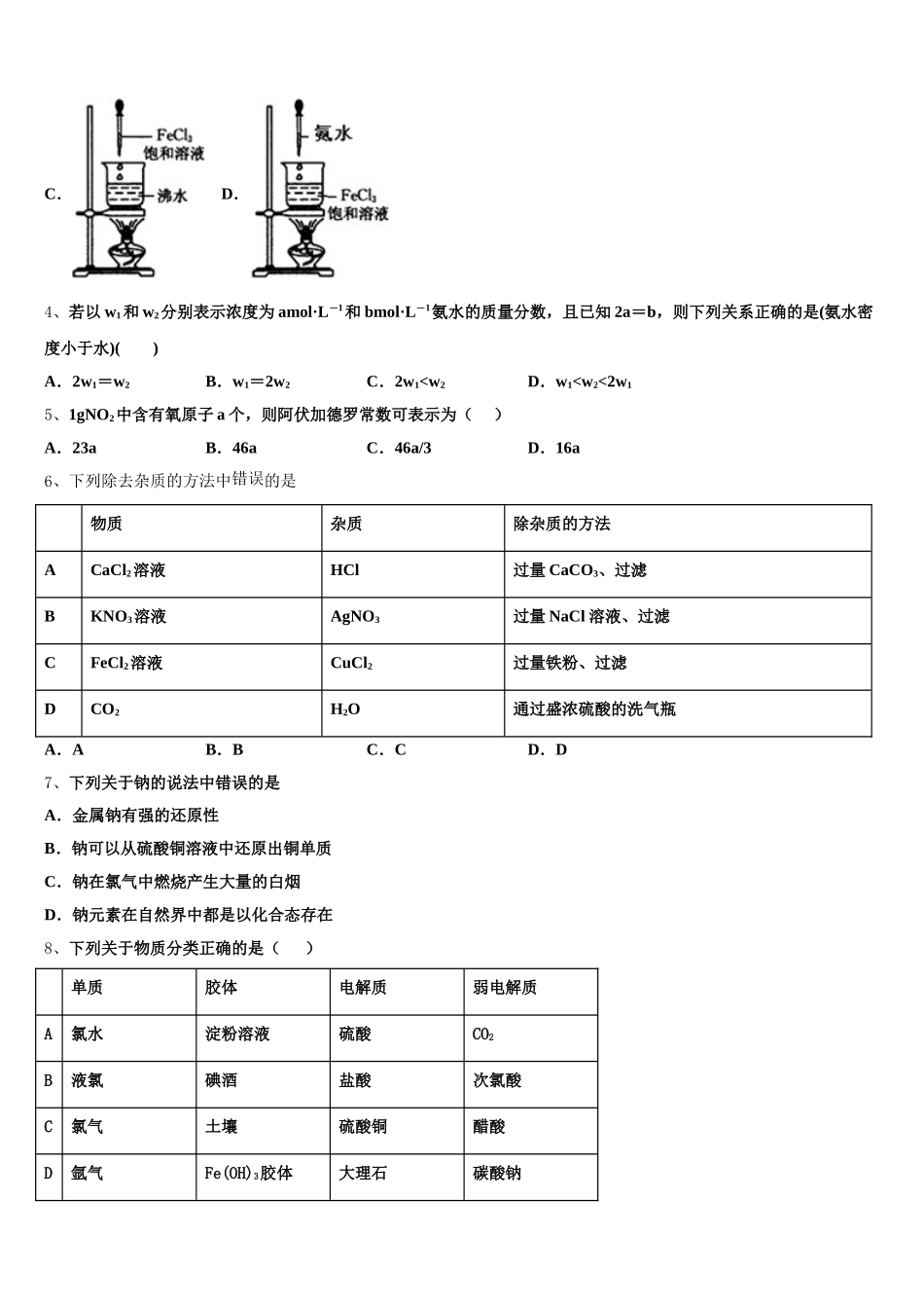 长沙市南雅中学2026届化学高一上期中学业水平测试模拟试题含解析_第2页