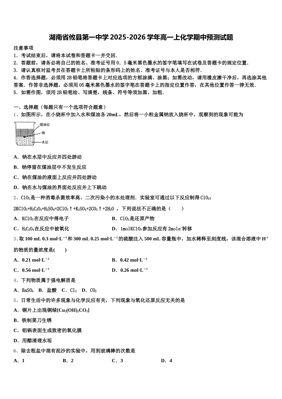湖南省攸县第一中学2025-2026学年高一上化学期中预测试题含解析_第1页