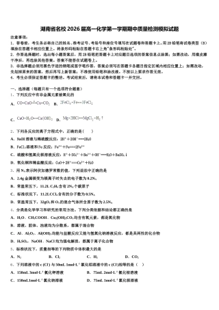 湖南省名校2026届高一化学第一学期期中质量检测模拟试题含解析
