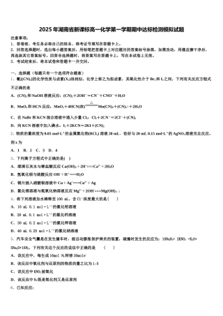 2025年湖南省新课标高一化学第一学期期中达标检测模拟试题含解析