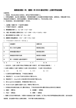 湖南省浏阳一中、醴陵一中2026届化学高一上期中考试试题含解析