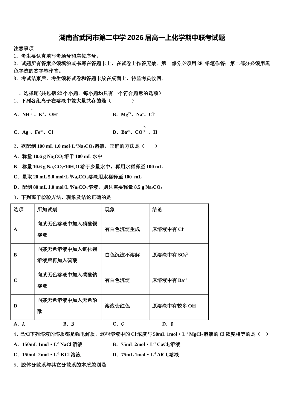 湖南省武冈市第二中学2026届高一上化学期中联考试题含解析_第1页