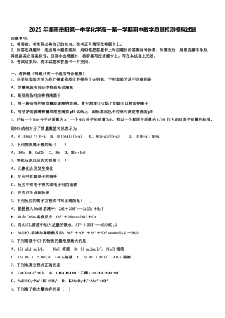 2025年湖南岳阳第一中学化学高一第一学期期中教学质量检测模拟试题含解析