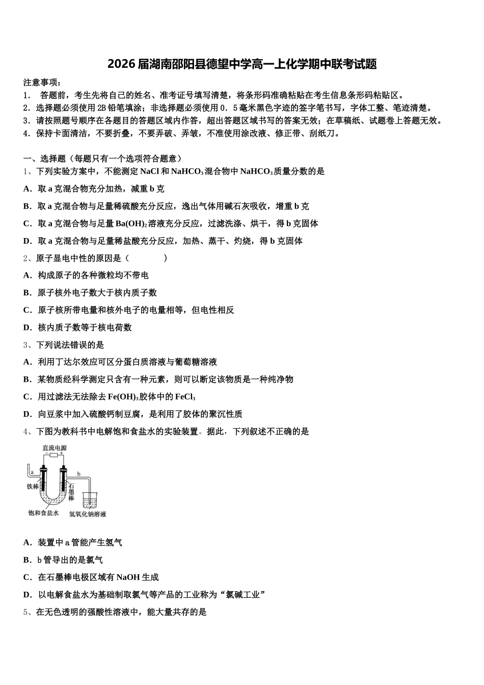 2026届湖南邵阳县德望中学高一上化学期中联考试题含解析_第1页