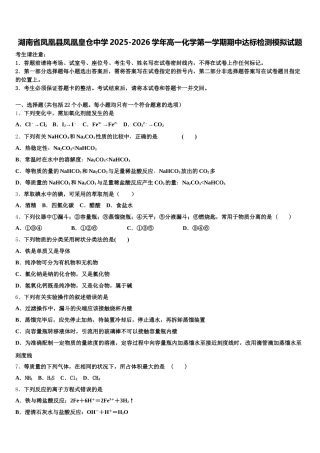 湖南省凤凰县凤凰皇仓中学2025-2026学年高一化学第一学期期中达标检测模拟试题含解析
