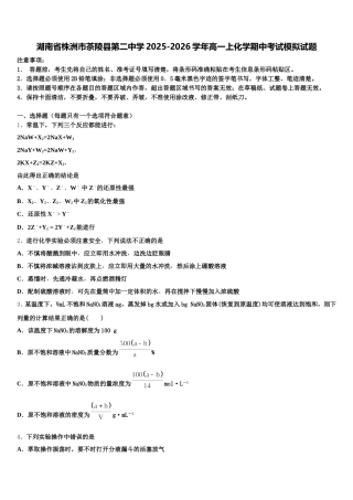 湖南省株洲市茶陵县第二中学2025-2026学年高一上化学期中考试模拟试题含解析
