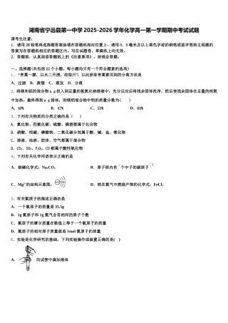 湖南省宁远县第一中学2025-2026学年化学高一第一学期期中考试试题含解析