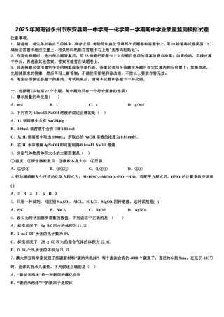 2025年湖南省永州市东安县第一中学高一化学第一学期期中学业质量监测模拟试题含解析