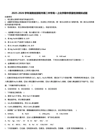 2025-2026学年湖南省邵阳市第二中学高一上化学期中质量检测模拟试题含解析