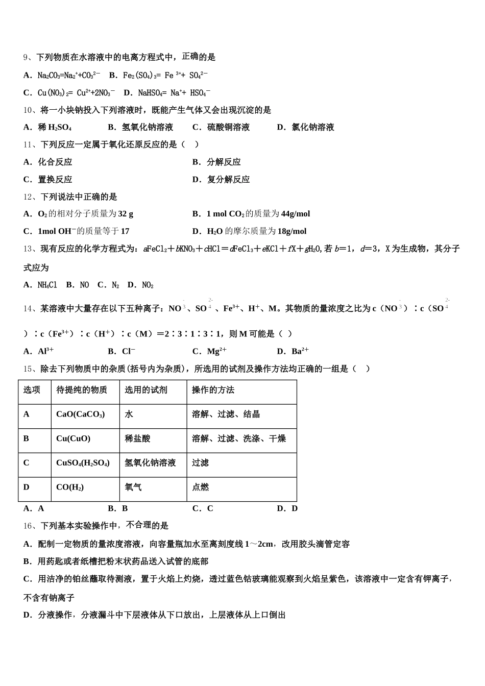 2026届湖南省永州市东安县一中化学高一上期中预测试题含解析_第2页