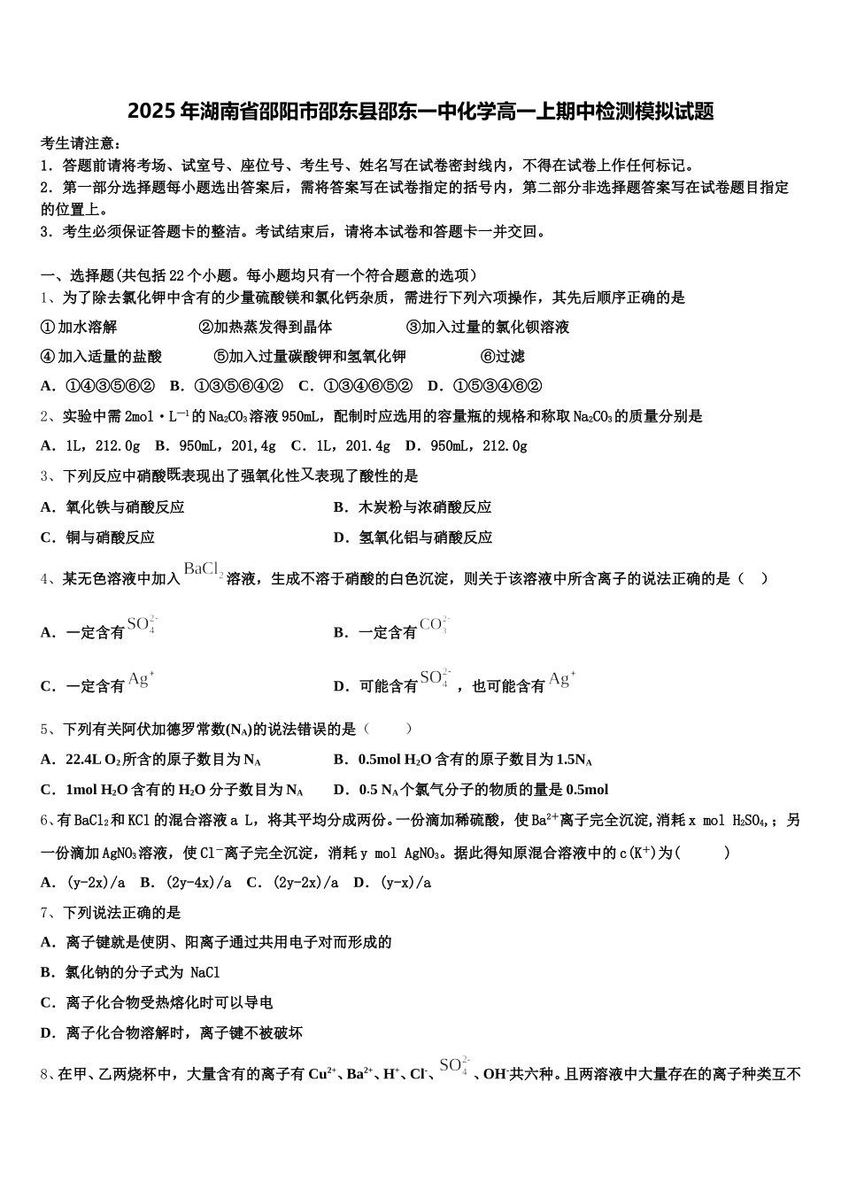 2025年湖南省邵阳市邵东县邵东一中化学高一上期中检测模拟试题含解析_第1页