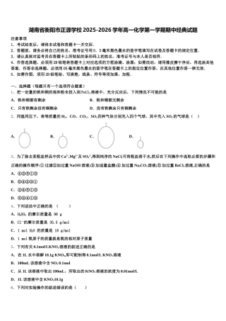 湖南省衡阳市正源学校2025-2026学年高一化学第一学期期中经典试题含解析