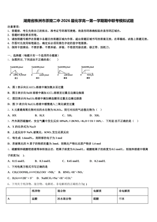 湖南省株洲市茶陵二中2026届化学高一第一学期期中联考模拟试题含解析