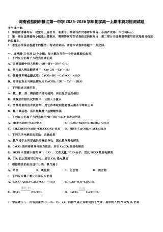 湖南省益阳市桃江第一中学2025-2026学年化学高一上期中复习检测试题含解析