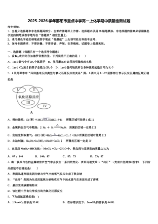 2025-2026学年邵阳市重点中学高一上化学期中质量检测试题含解析