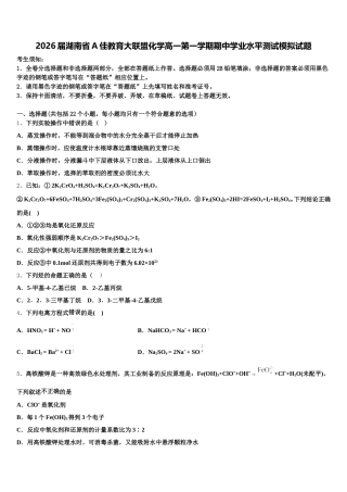 2026届湖南省A佳教育大联盟化学高一第一学期期中学业水平测试模拟试题含解析
