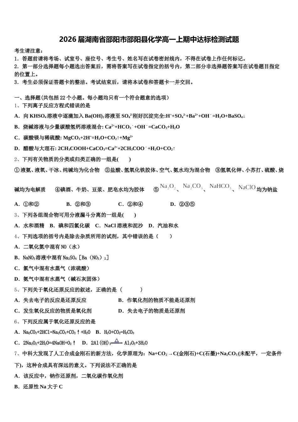 2026届湖南省邵阳市邵阳县化学高一上期中达标检测试题含解析_第1页