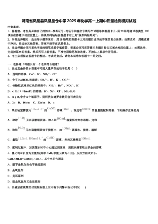 湖南省凤凰县凤凰皇仓中学2025年化学高一上期中质量检测模拟试题含解析