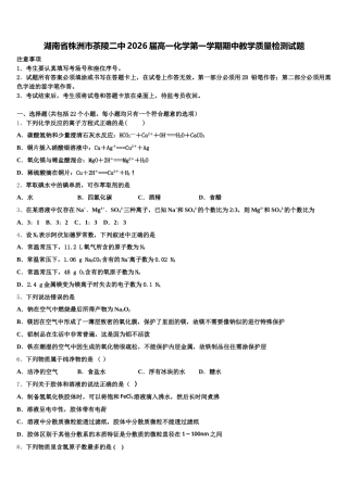 湖南省株洲市茶陵二中2026届高一化学第一学期期中教学质量检测试题含解析