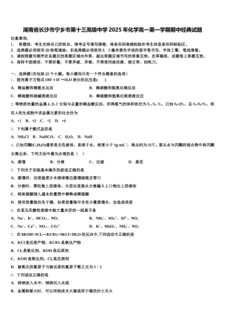 湖南省长沙市宁乡市第十三高级中学2025年化学高一第一学期期中经典试题含解析