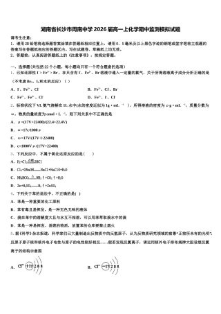 湖南省长沙市周南中学2026届高一上化学期中监测模拟试题含解析