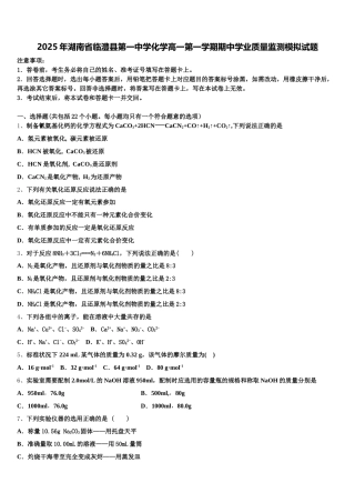 2025年湖南省临澧县第一中学化学高一第一学期期中学业质量监测模拟试题含解析