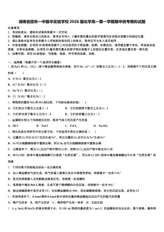 湖南省邵东一中振华实验学校2026届化学高一第一学期期中统考模拟试题含解析