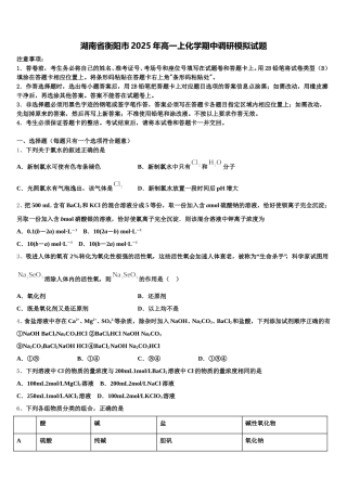 湖南省衡阳市2025年高一上化学期中调研模拟试题含解析