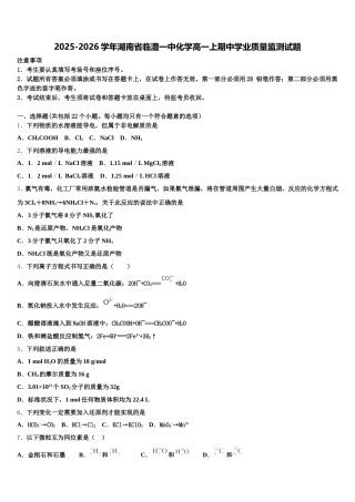 2025-2026学年湖南省临澧一中化学高一上期中学业质量监测试题含解析