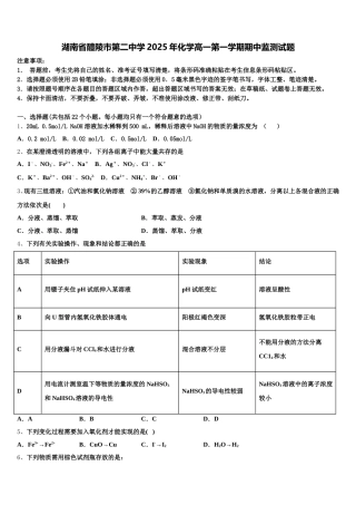 湖南省醴陵市第二中学2025年化学高一第一学期期中监测试题含解析