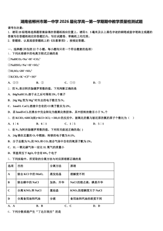 湖南省郴州市第一中学2026届化学高一第一学期期中教学质量检测试题含解析