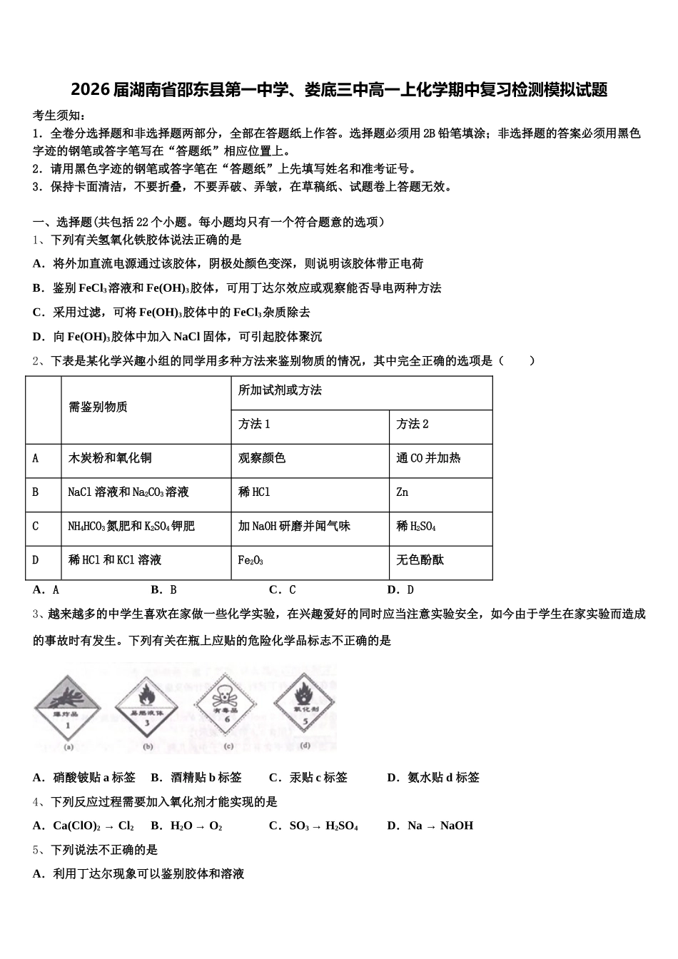 2026届湖南省邵东县第一中学、娄底三中高一上化学期中复习检测模拟试题含解析_第1页