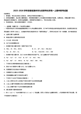 2025-2026学年安徽省滁州市九校联考化学高一上期中联考试题含解析