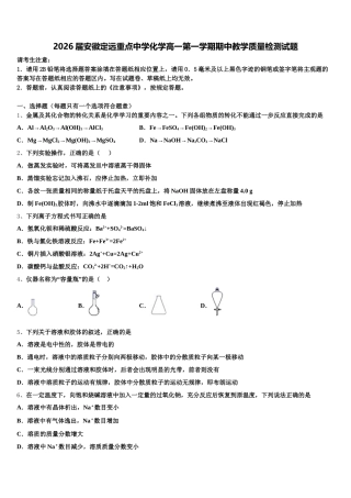 2026届安徽定远重点中学化学高一第一学期期中教学质量检测试题含解析