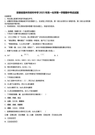安徽省宿州市时村中学2025年高一化学第一学期期中考试试题含解析