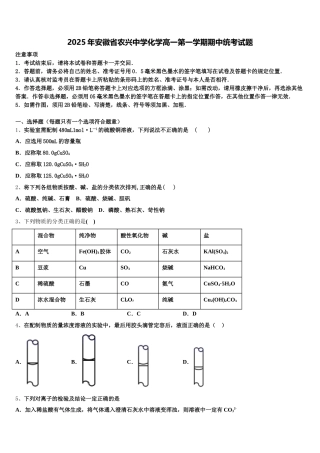 2025年安徽省农兴中学化学高一第一学期期中统考试题含解析