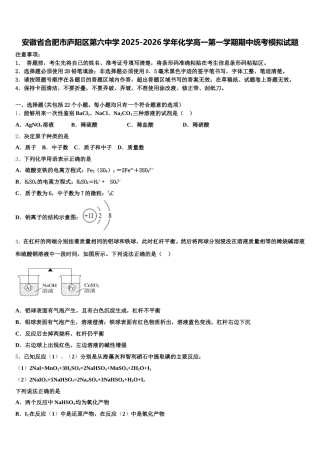 安徽省合肥市庐阳区第六中学2025-2026学年化学高一第一学期期中统考模拟试题含解析
